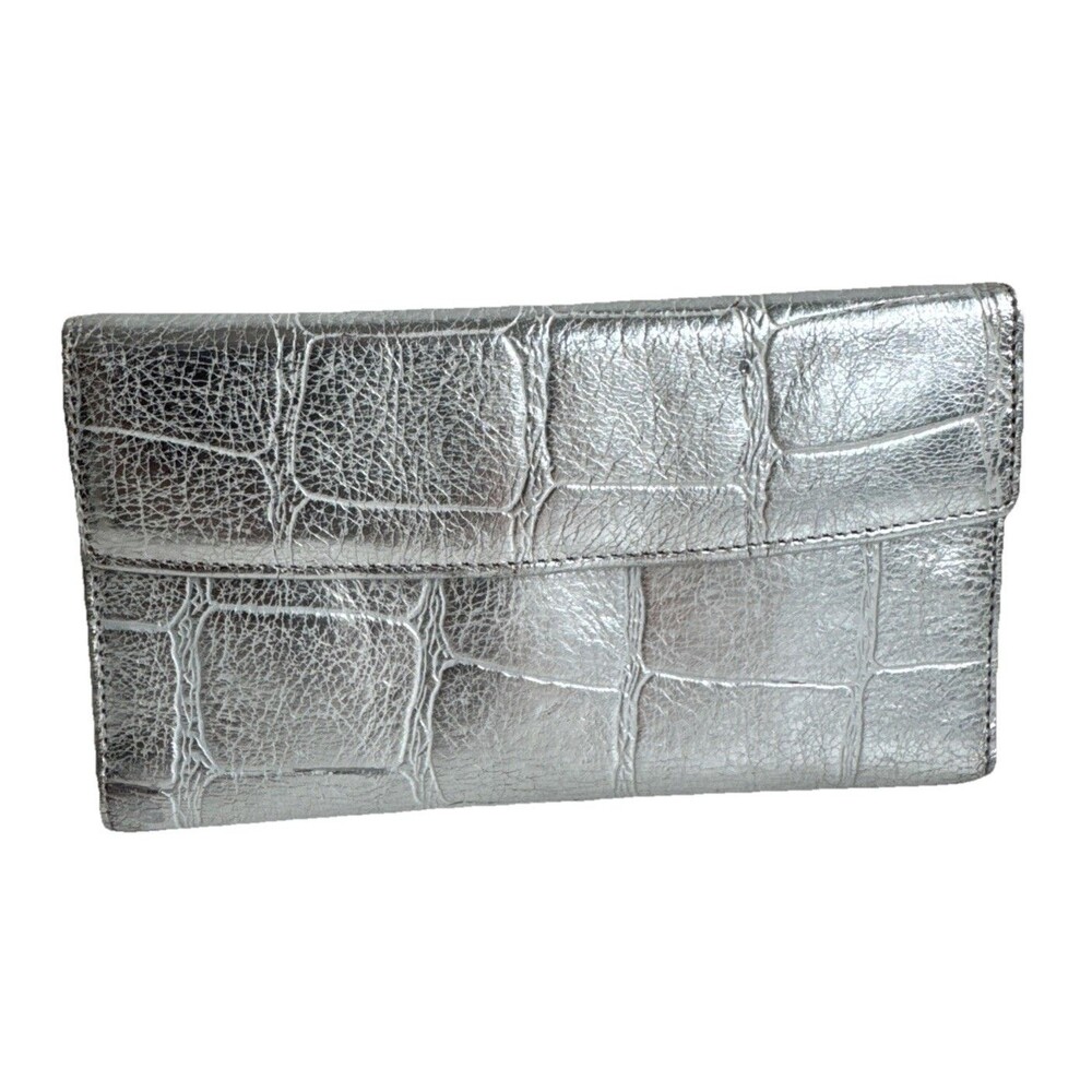 Lodis Metallic Silver Croc Embossed Leather Wallet Clutch Zip Organizer